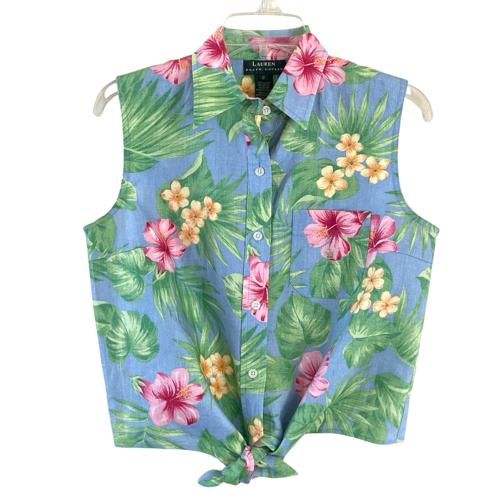 NWOT LAUREN RALPH LAUREN Size 8 Tropical Floral Linen Sleeveless Tie Front Shirt